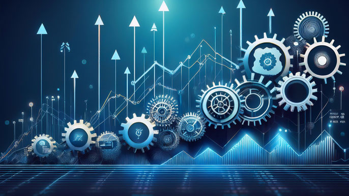 Interconnected gears with labels representing business functions like "Finance," "HR," and "Inventory," surrounded by upward-pointing arrows, symbolizing scalability, growth, and the efficiency of integrated business systems.