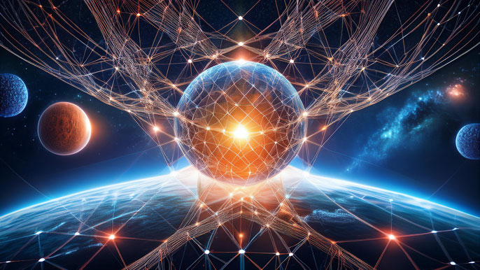 An interconnected cosmic web surrounding a glowing planet, symbolizing the universal power of collaboration and the sharing of ideas across industries and disciplines.
