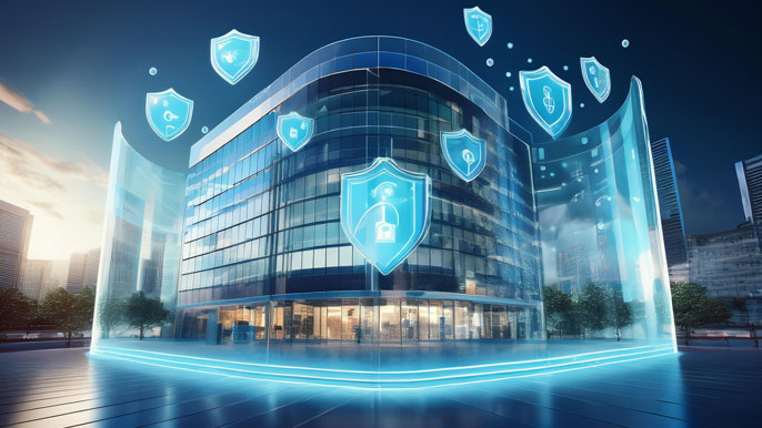 A modern office building encased in a transparent digital shield, with floating insurance icons representing business protection, such as liability and property insurance, symbolizing the role of insurance in safeguarding business operations.