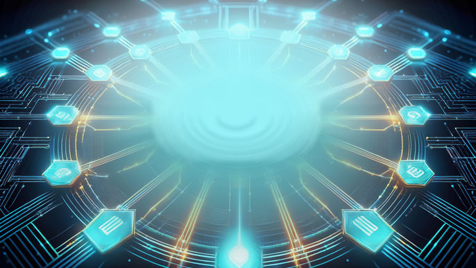 A futuristic blockchain network showcasing interconnected glowing nodes, symbolizing the interoperability and scalability of the XENO Token ecosystem.