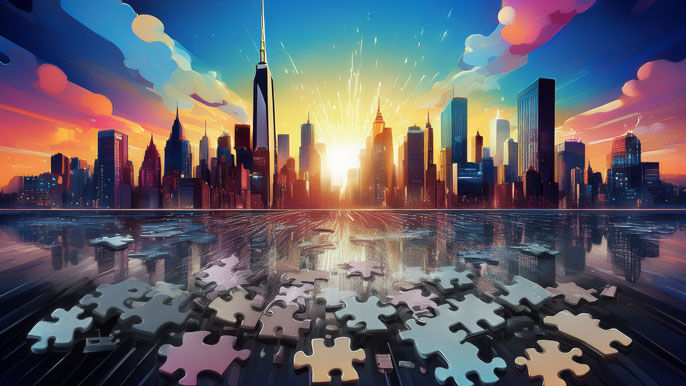 Scattered puzzle pieces on the ground, with a vibrant cityscape rising in the background as the sun sets, symbolizing the process of piecing together a distressed business during a turnaround acquisition, leading to renewed growth and success.
