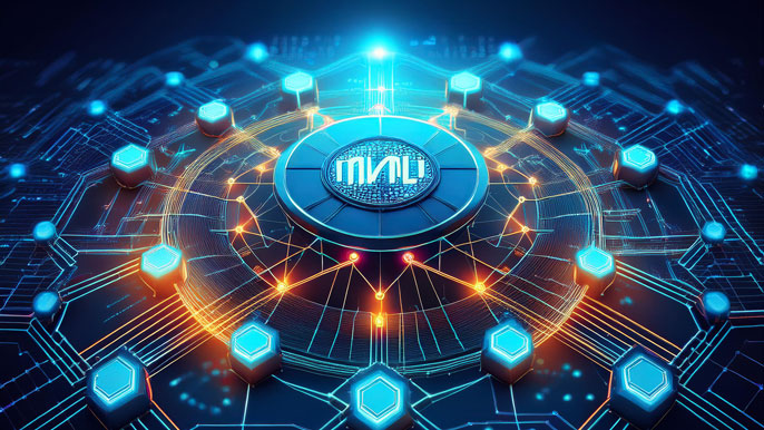 Futuristic representation of the Magic Eden (ME) token at the center of a glowing multi-chain ecosystem, symbolizing cross-chain compatibility with interconnected blockchain networks.