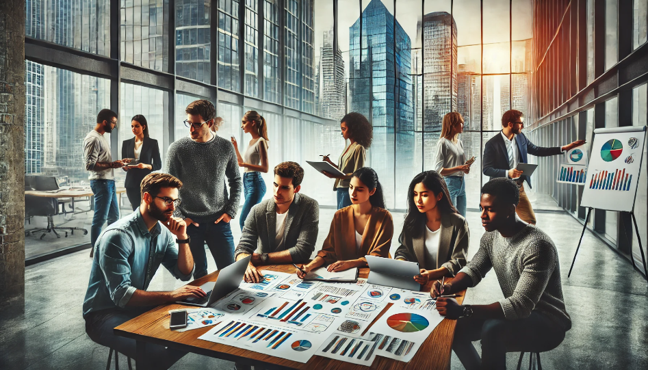 A group of diverse entrepreneurs collaborating in a modern office setting, brainstorming ideas with laptops and charts, set against a city skyline backdrop.