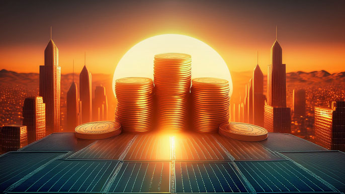 Stacks of glowing orange coins rise against a futuristic city skyline, symbolizing EGO token’s financial growth and market dominance.