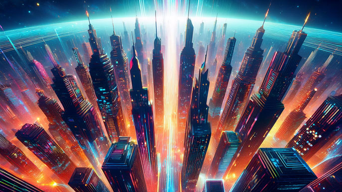 A vibrant futuristic cityscape with glowing skyscrapers radiating colorful neon lights, symbolizing innovation and growth.