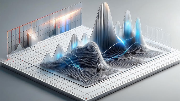 A 3D data visualization comparing multiple ROC curves, with distinct peaks and lines representing different model performances, illustrating varying AUC scores for evaluating model accuracy in machine learning.