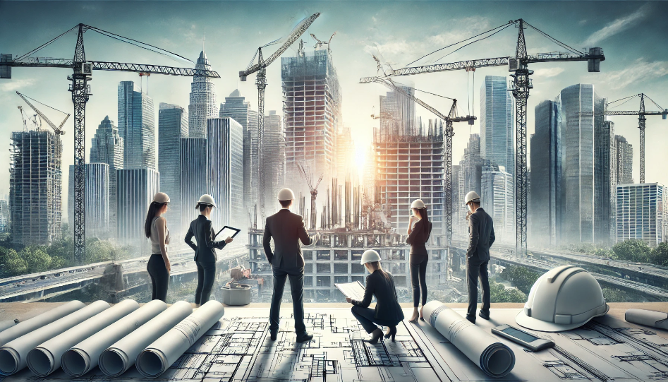 Modern construction and real estate scene with skyscrapers, cranes, and architects reviewing blueprints on a construction site.