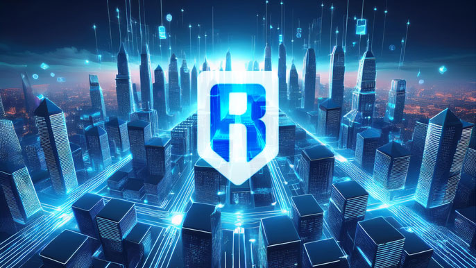 A futuristic digital cityscape with a glowing Ronin (RON) logo in the center, symbolizing blockchain technology and innovation in gaming.