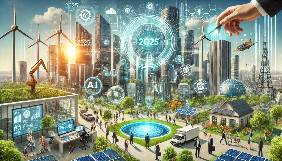 Futuristic business landscape in 2025, featuring advanced technologies like AI-powered robots, holographic screens, and green energy sources such as wind turbines and solar panels, with people interacting with smart devices.
