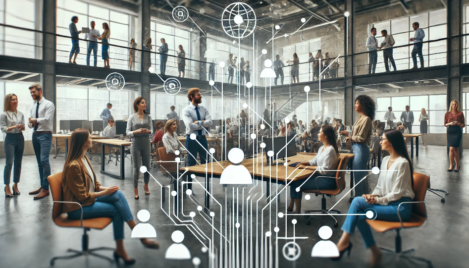 A diverse group of employees collaborating in a modern office environment, symbolizing teamwork and the promotion of Diversity, Equity, and Inclusion (DEI) in the workplace.