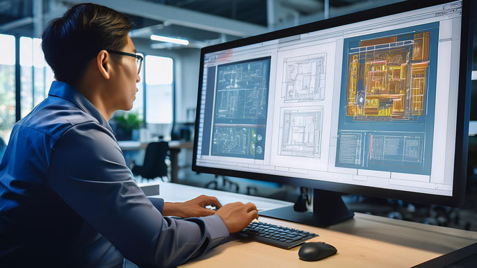 An engineer studies complex technical designs on a large computer screen, showcasing how Digital Twin technology helps in analyzing and simulating real-world structures for optimization and maintenance.