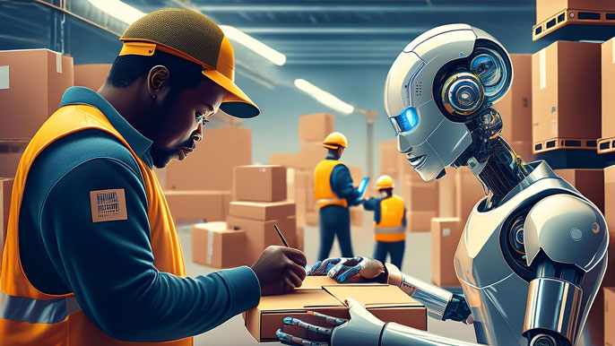 A warehouse worker collaborates with a robot on packing tasks, highlighting human-robot teamwork in a modern warehouse setting.