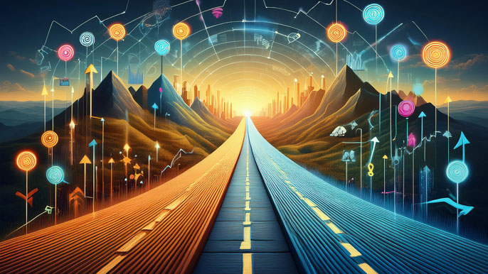 Symbolic image of two diverging paths, one leading to economic growth with icons of technology and investment, the challenges like exploitation and market dependency, representing the dual outcomes of international trade for developing countries.