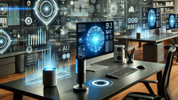 A modern office with advanced voice assistant devices and holographic interfaces, showcasing AI integration in business operations.