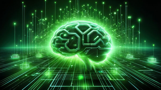 A glowing green AI brain surrounded by digital data streams and interconnected blockchain nodes on a futuristic black background.