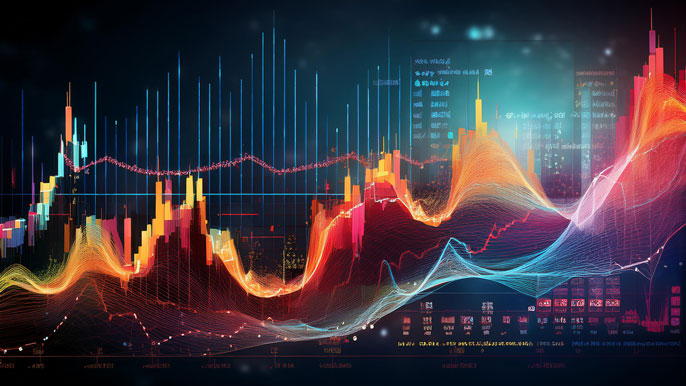 A stock chart with highlighted bullish and bearish fractal patterns, showing candlestick formations and trend lines for predicting market reversals.