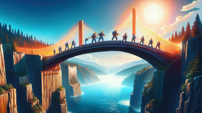 A vibrant bridge spanning two cliffs, built by a diverse team working together, symbolizing how teamwork bridges gaps and creates pathways to success.