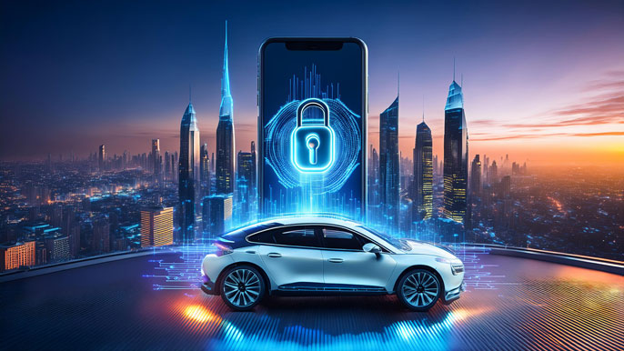 Smartphone app unlocking a futuristic car with a glowing digital padlock, set against a modern cityscape at sunset.
