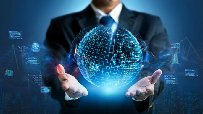 A businessperson holding a glowing holographic globe displaying interconnected digital data grids and algorithms, symbolizing the integration of AI, machine learning, and data science in driving business intelligence and decision-making.