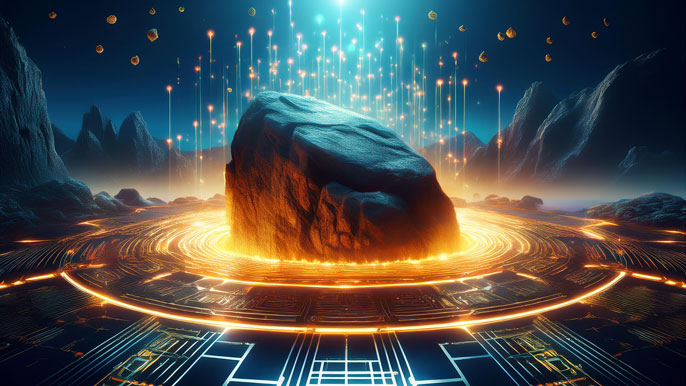 A glowing ancient rock surrounded by futuristic blockchain circuits, symbolizing MoAI's connection to the Solana network.