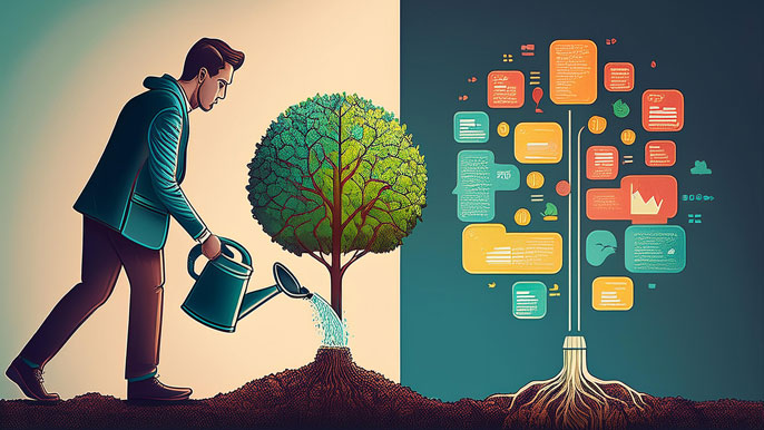 A person watering a small tree on the left, which grows into a large tree on the right with colorful business strategy icons representing growth and success frameworks.
