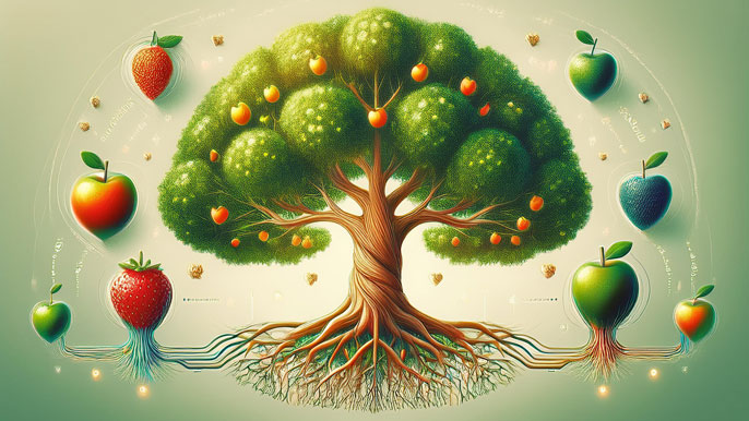 A large tree with roots nourishing smaller plants bearing vibrant fruits, symbolizing how a giver mindset fosters growth and success in business.