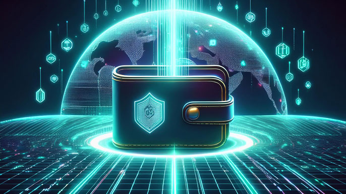 A futuristic glowing digital wallet with streams of token addresses and cryptocurrency icons connecting to a global holographic interface.