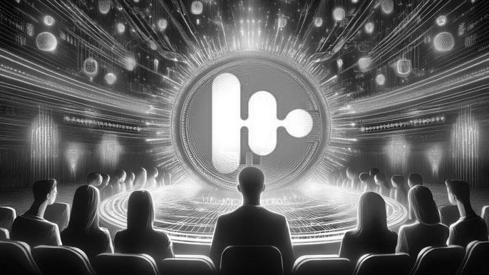 Digital audience watching a glowing STAGE cryptocurrency coin at the center of a futuristic conference hall, symbolizing innovation and blockchain growth.