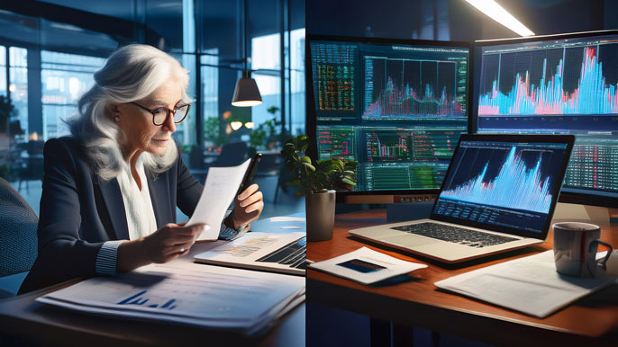 A split image showing a traditional investor analyzing paper documents on the left, and a modern trading desk with multiple screens displaying stock and crypto charts on the right.