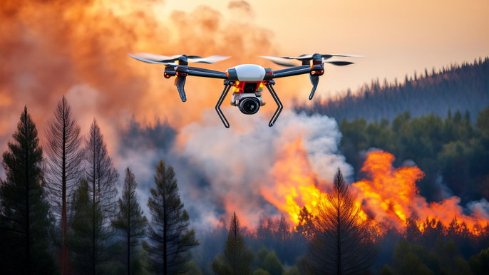 A firefighting drone hovering over a forest fire, equipped with a camera and sensors. In the background, flames and smoke rise among trees, demonstrating the drone's capability to monitor and assist in wildfire management from the air.