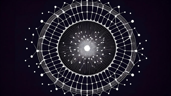 A futuristic, symmetrical white network design with glowing nodes and interconnected lines on a black background, resembling a digital blockchain pattern.