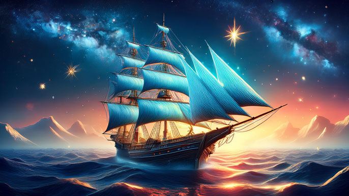 A majestic glowing ship with crystal-like sails navigating stormy seas under a starlit sky, symbolizing visionary thinking and resilience on the journey to business success.