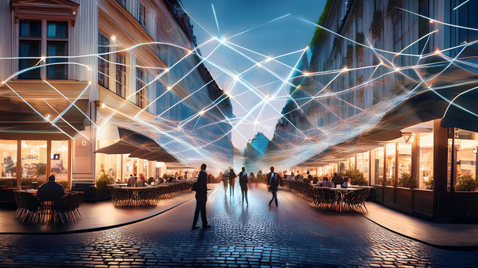A vibrant Vienna street lined with illuminated coffeehouses, interconnected by glowing digital lines symbolizing a network of business discussions and innovation.
