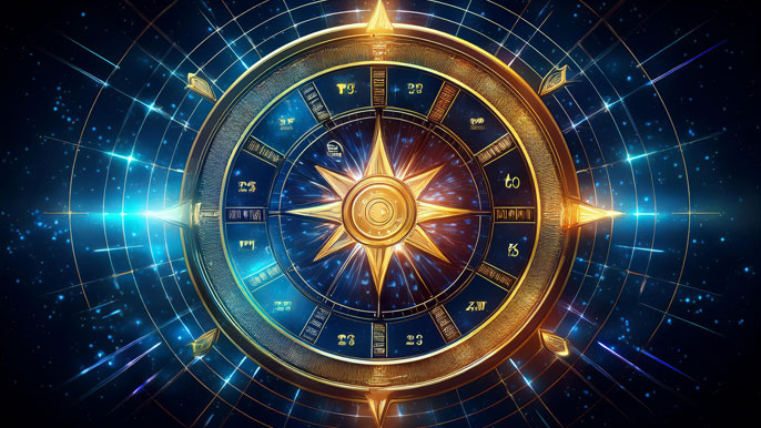 Golden compass wheel symbolizing investment direction and growth, surrounded by a celestial background of glowing constellations and data points.