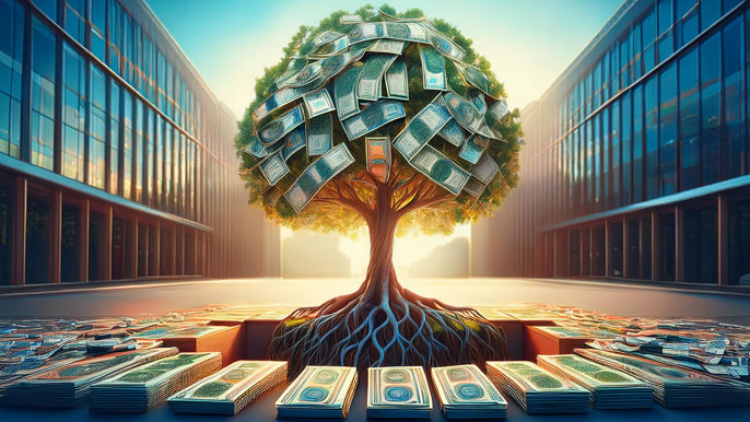 Tree of wealth growing from financial roots, symbolizing investment growth and prosperity.