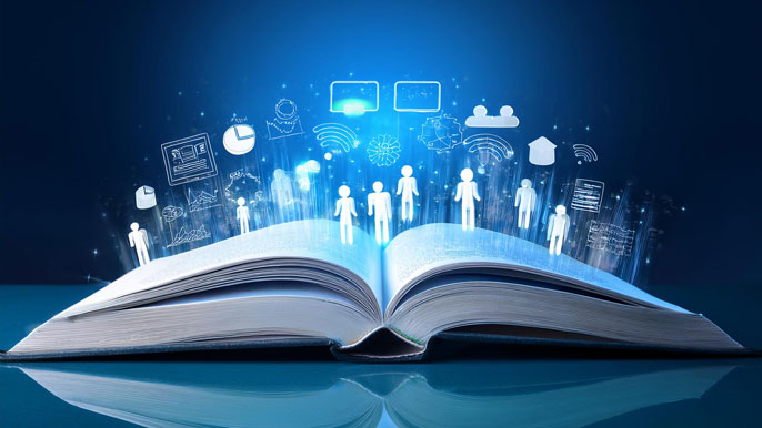 An open book emitting holographic icons of people, graphs, and digital tools, symbolizing the transformation of knowledge into accessible digital resources by infopreneurs.