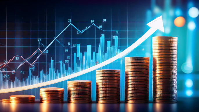 A financial chart showing an upward trend with stacked coins symbolizing investment growth and a steady CAGR increase over time.
