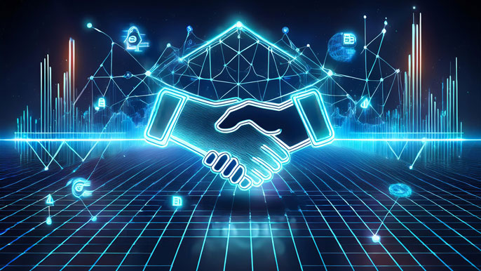 Digital handshake symbolizing P2P trading in cryptocurrency, surrounded by icons representing various crypto terms like blockchain and data networks, over a futuristic grid background.