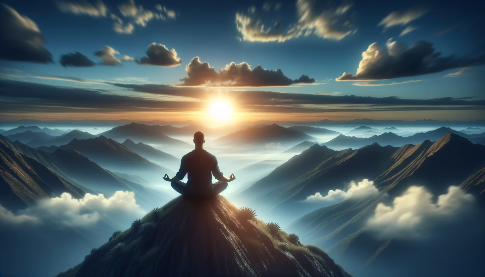 A person meditates on a mountain peak at sunrise, symbolizing discipline and inner strength in entrepreneurship.