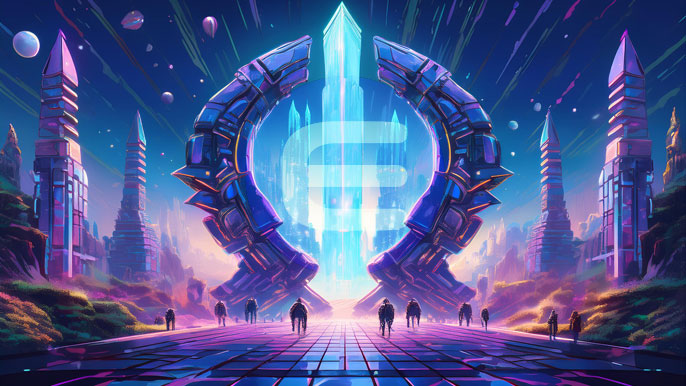 A futuristic gaming portal with the Enjin (ENJ) logo glowing in a digital landscape.