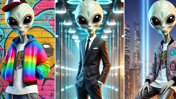 Three stylish alien figures in unique outfits: one standing confidently in front of a bright urban blue building, another posing in a historic architectural corridor, and the third sitting on a smiling woman’s shoulders outside a modern stadium.