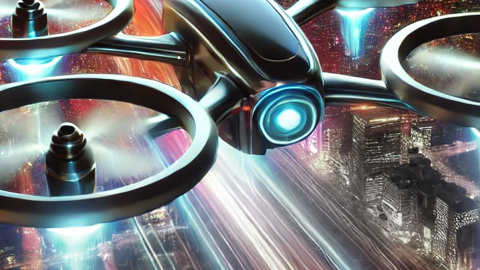 Futuristic drone utilizing tangential flight technology, symbolizing advanced propulsion systems for next-generation aerial innovation.
