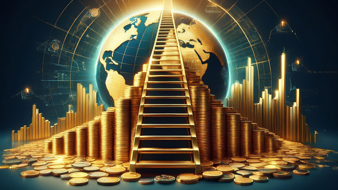 A golden ladder surrounded by stacks of coins leading to a glowing globe, symbolizing global financial growth and international ETF investment opportunities.