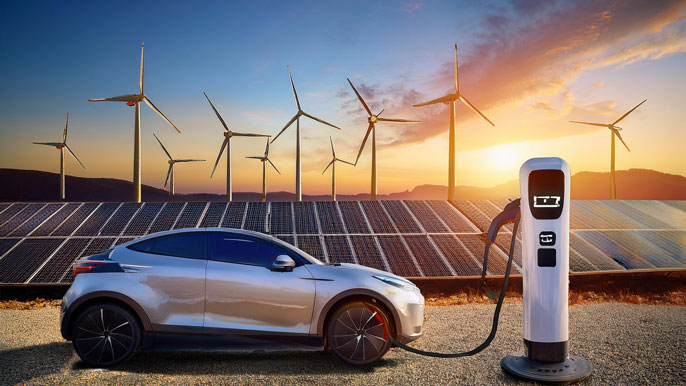An electric car charging at a modern station with wind turbines and solar panels in the background, highlighting renewable energy and sustainability.