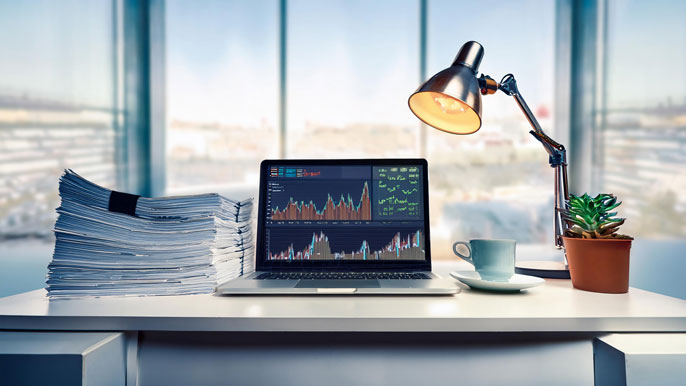 An investor's modern desk with a laptop displaying Snow Lake Resources Ltd (LITM) stock trends, accompanied by a stack of investment reports, a cup of coffee, and a bright desk lamp in a sunny office.
