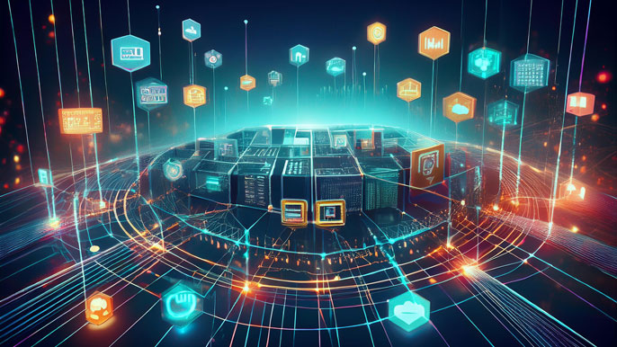 Futuristic representation of Web 3 with interconnected icons for blockchain, decentralized finance, and digital applications, symbolizing the decentralized, user-controlled nature of the next-generation internet.
