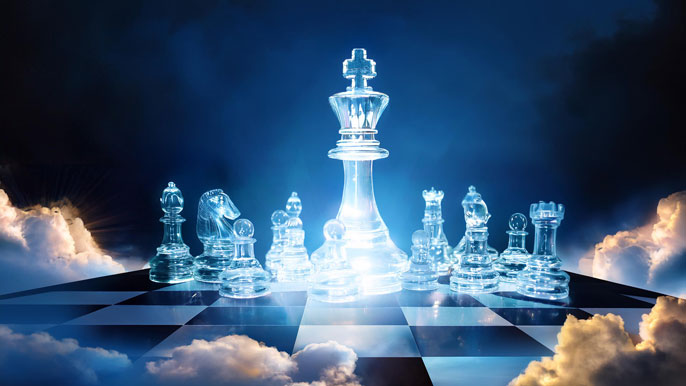 A glowing chessboard floating amidst clouds, with luminous glass chess pieces symbolizing strategic decisions and innovative leadership in business.