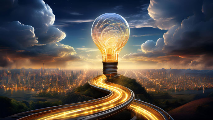 A glowing lightbulb floating in a cloudy sky with a winding, illuminated road leading to a futuristic city in the distance, symbolizing creativity lighting the path to business innovation and growth.