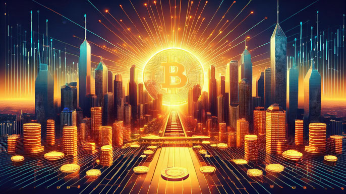 A futuristic golden city skyline with a glowing Bitcoin sun rising, symbolizing digital financial growth and blockchain-powered prosperity.