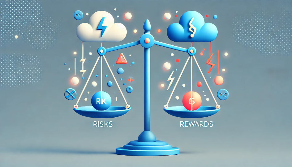 Abstract balance scale weighing risks and rewards, symbolizing smart risk-taking in business.
